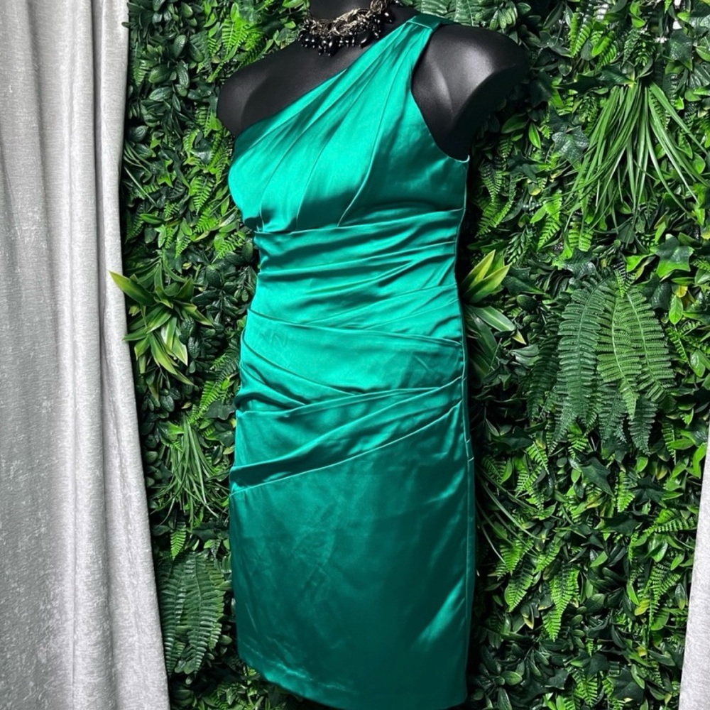 David's Bridal Dress Size 12 Emerald Green One Shoulder Cocktail Wedding 2967